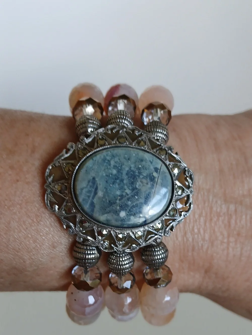 Silver-Tone Blue Jade  Stone & Peach Agate Bead Stretch Bracelet